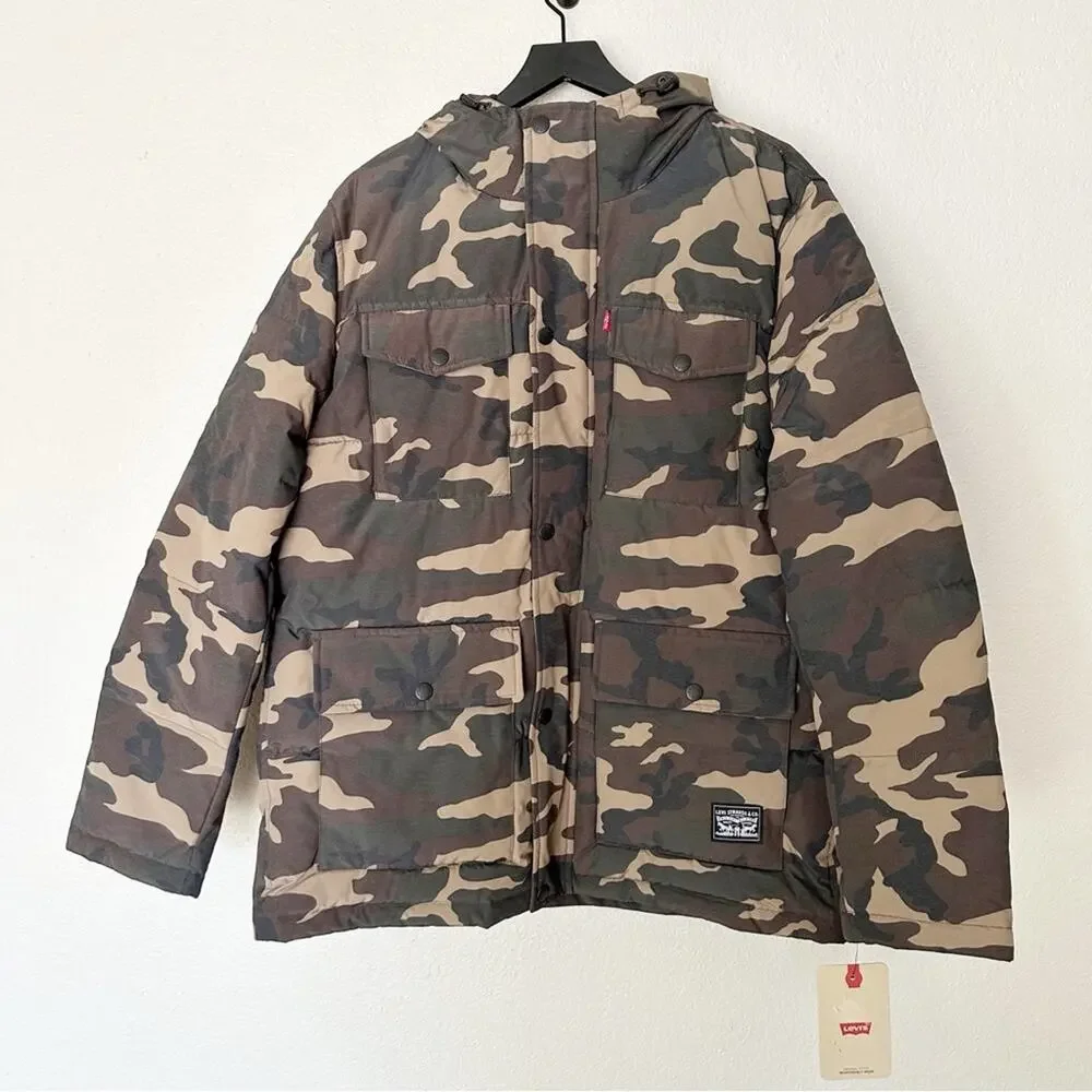 Levi’s Men's Quilted‎ Four Pocket Parka Hoody Jacket Camouflage Size L NEW